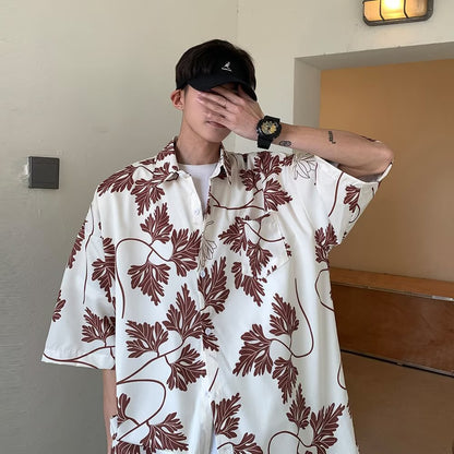 Couple Japanese Shirt Harajuku Oversized Short Sleeve Shirt for Men Women Hawaiian Print Flower Shirt Geometric Streetwear