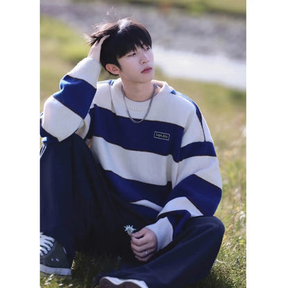 saferido  Hip Hop Korean Stripe Contrast Color Autumn and Winter New Fashion Sweater Men's Loose Relaxed Student Round Neck Lazy Style