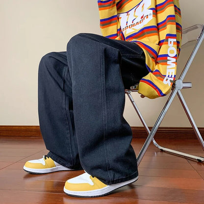 Korean Fashion Men's Black Baggy Jeans Drawstring Design Elastic Waist Streetwear Jeans Loose Straight Denim Skate Pants Male