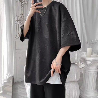 saferido Fashion Short Sleeve T-shirts Men Jacquard Korean Couples Youthful All-match Y2k Tops Harajuku Streetwear Unisex Mens Clothing