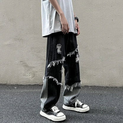 saferido American Style Fringed Denim Pant Tide Small Group Stitching Harajuku Wind Loose Stitching Burr High Street Casual Y2k Pants Men