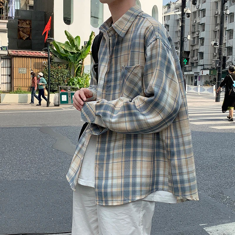 New Vintage Plaid Shirt Men Clothing Japanese Korean Fashion Designer Loose Long Sleeve Casual Oversized Shirts for Men