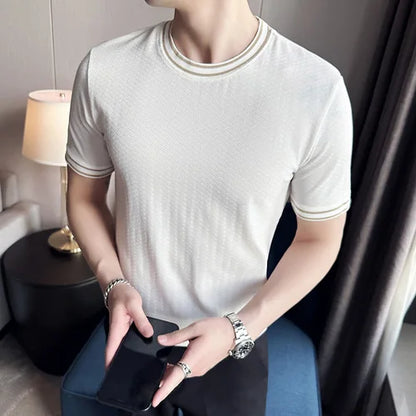 saferido British style Men's summer casual short sleeves Jacquard ice silk T-shirt/Male slim fit Round neck fashion T-shirts S-4XL