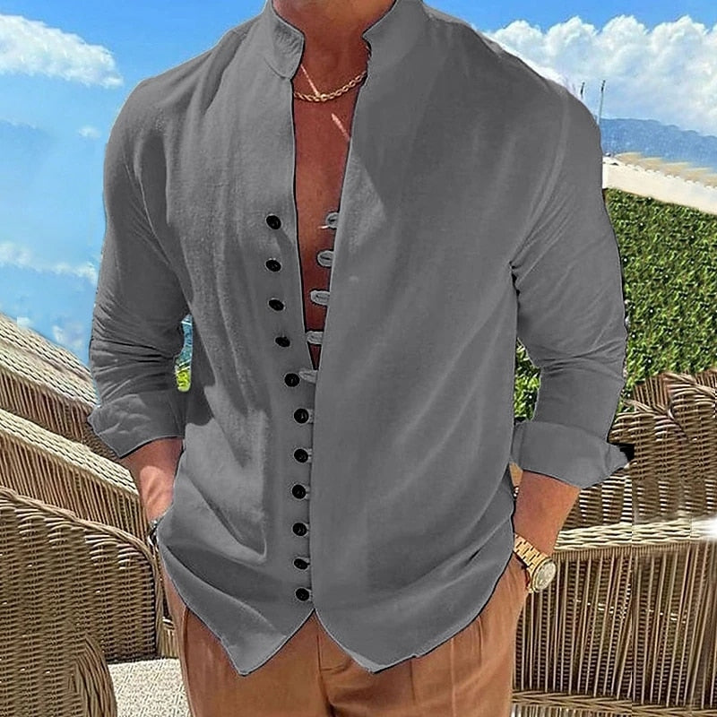 NEW Men's Solid Color Linen Long Sleeve Shirt Button Shirts Trend  vintage Stand Collar Casual Cotton Tops US-Size
