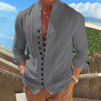 NEW Men's Solid Color Linen Long Sleeve Shirt Button Shirts Trend  vintage Stand Collar Casual Cotton Tops US-Size