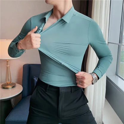 saferido  Men Spring High Quality Business Dress Shirts/Male Slim Fit High Elastic Force Long Sleeve Shirts Size S-4XL