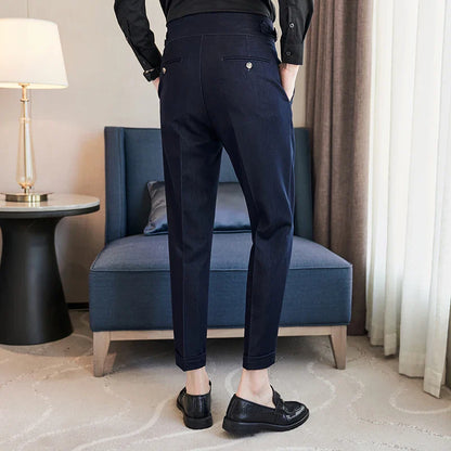 saferido Men Spring Summer Belt Decoration Casual Ankle Length Pants Fashion Slim Fit Suit Pants Streetwear Social Business Trousers