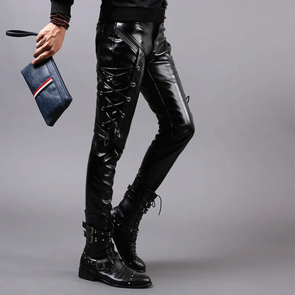 saferido Men's Fashion Leather Pants Tight Elastic Tie Cord Punk PU Pants Men's Motorcycle Pants Thin Style