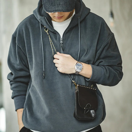 saferido Autumn Vintage Half Zip Fleece Hoodie Men's Dark Grey Warm Padded Sweatshirt Amekaji Army Green Oversize Pullover