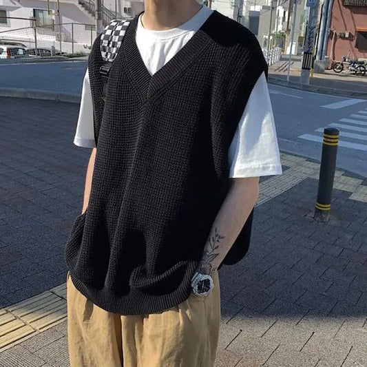 saferido Men's Clothing Blue Plain Sleeveless Vest Knit Sweater Male Waistcoat V Neck Solid Color Warm Classic Japanese Retro Wool