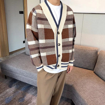 Autumn Men's Luxury Knitted Plaid Printed Buttons Cardigan Sweater Long Sleeve Streetwear Leisure Coat Fashion Check Knitwear