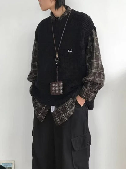 saferido Sweater Vests Men Fashion Leisure Japanese Style Vintage Chic Sleeveless All-match High Street Males Knitting Harajuku Autumn