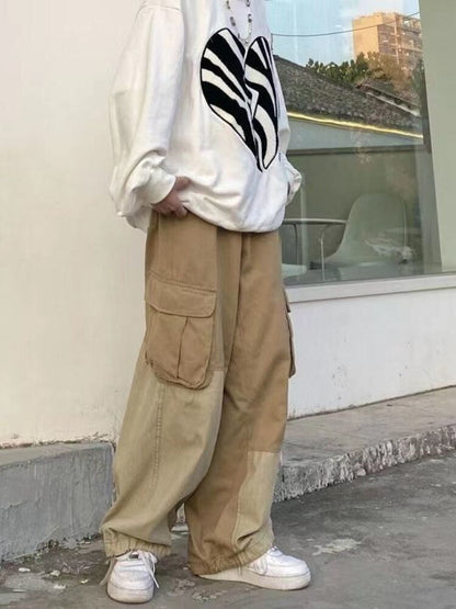 Vinatge Big Pocket Cargo Pants Men Spring Autumn Harajuku Japanese Loose Straight Wide-leg Casual Trousers Tactical Streetwear