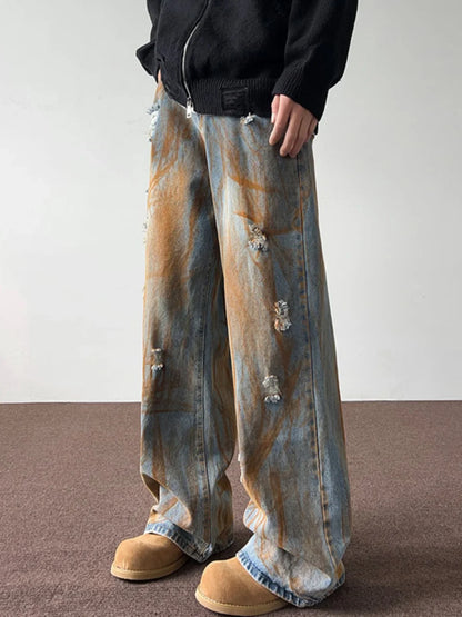 saferido Spring and Autumn Tie Dyed Distressed Jeans, Men's Straight Leg American Trendy Brand Ruffian Handsome Casual Hip-hop High