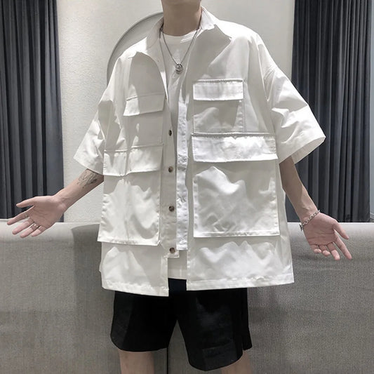 saferido Mens Big Pocket Workwear Short-Sleeve Shirt Streetwear Fashion Youth Trendy Solid Color Versatile Tops Men'S Clothing Spring New