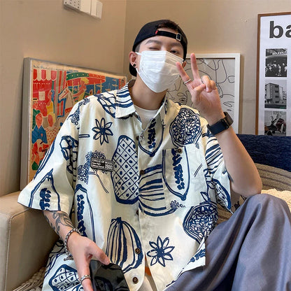 Print Shirts Men Fashion Streetwear Handsome Summer Half Sleeve Turn-down Collar Korean Style Teenagers Popular Youthful Hipster