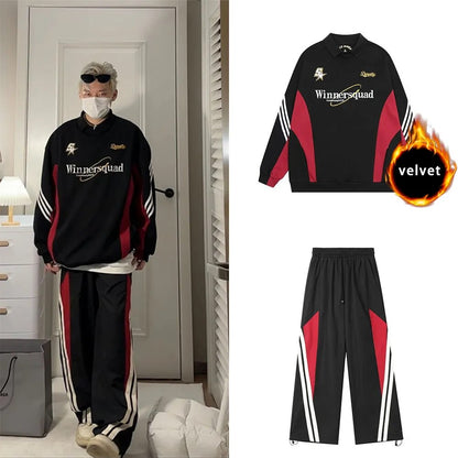 Baggy Two Piece Set for Men Parachute Wide Leg Pants Sweatshirts Outfit Tracksuit Men Polo Vintage Casual Streetwear