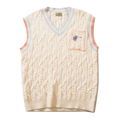 saferido Japanese Harajuku Knitted Vest Men Solid Color Matching V-neck Pullover Causal Loose Sleeveless Couple Sweaters Fashion New