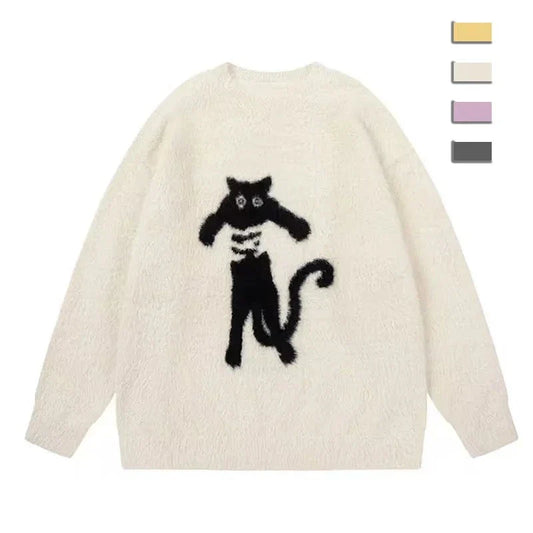 Cartoon Knitting Sweater Men Women Loose Knitted Jumpers Autumn Streetwear Harajuku Cat Pattern College Knit Pullovers Couple