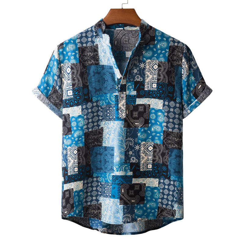 Summer New Short Sleeve Floral Hawaiian Shirt Men Half Placket Collar Beach Shirt Men Casual Holiday Vacation Clothing 3XL