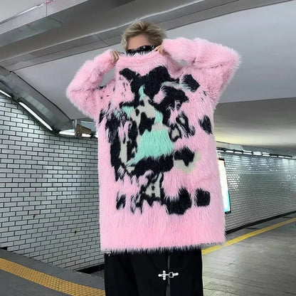 saferido Mens Y2k American Street Pink Graffiti Knitted Sweater Genderless Autumn Winter Fashion Casual Lazy Style Plush Top Unisex