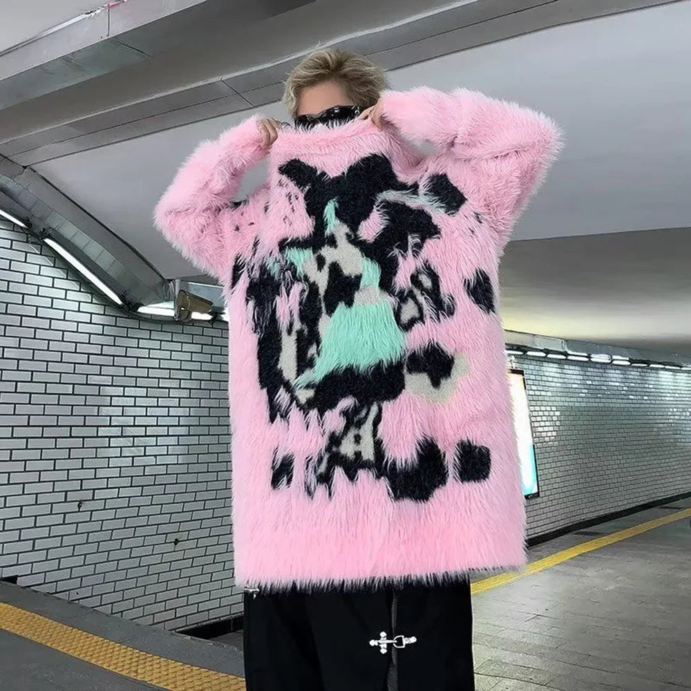 saferido Mens Y2k American Street Pink Graffiti Knitted Sweater Genderless Autumn Winter Fashion Casual Lazy Style Plush Top Unisex