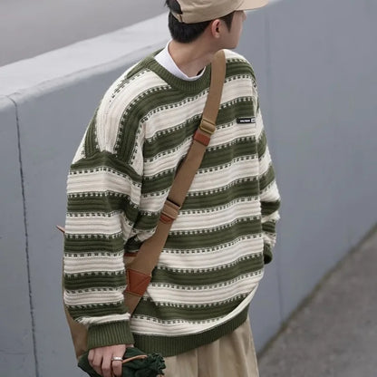 saferido Striped Knitted Sweater Coat Men Japanese Oversize Casual Autumn Winter Loose O-neck Pullovers for Man Streetwear Korean