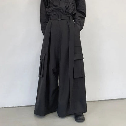 saferido Mens Multi-Pocket Loose Casual Skirts Genderless Japanese Harajuku Street Dark Workwear Style Solid Color Wide Leg Pants Unisex