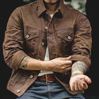 Retro Khaki  Jacket Male Size M To 3XL Waxed Canvas Cotton  Jackets Military Uniform Light Casual Work Coats Man Clothing