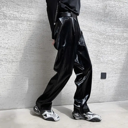 saferido  British Style Net Trend Personality Streetwear Bright PU Leather Trousers Side Tight Waist Loose Casual Pants Men's S-2XL