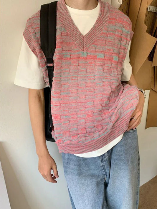 saferido Man Clothes Waistcoat Vest Knitted Sweaters for Men Sleeveless V Neck Pink Japanese Harajuku Fashion Korean Autumn Wool Fun