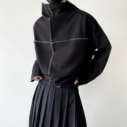 saferido Mens Autumn Japanese Style Irregular Dark Style High Collar Sweatshirt Eversion Loose Casual Simple American Hip Hop Windbreaker