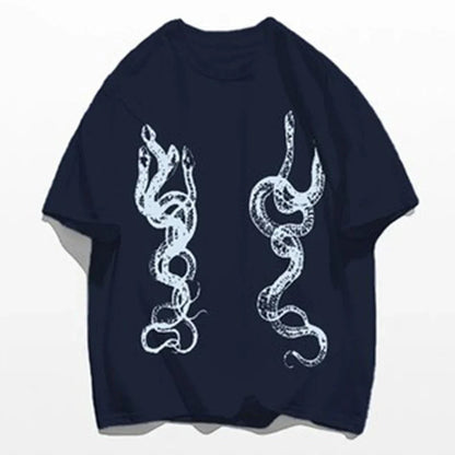 saferido Men's Casual T-Shirt Fashionable Trendy Hip-Hop High Street Y2k Retro Snake Pattern Loose Cotton Top 2024 Spring And Summer