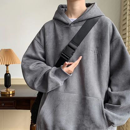 Men's Streetwear Vintage Embroidered Suede Hooded Sweatshirt High Quality Hoodie Luxury Brand Unisex Pullover Y2k Clothing
