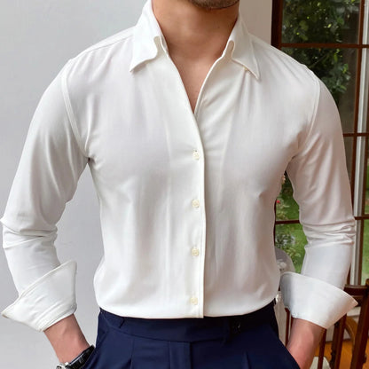 saferido British Style Casual All-match Solid Color Summer Shirt Trendy Denim Blue Business Formal Dress Shirt Long Sleeve Shirt Men