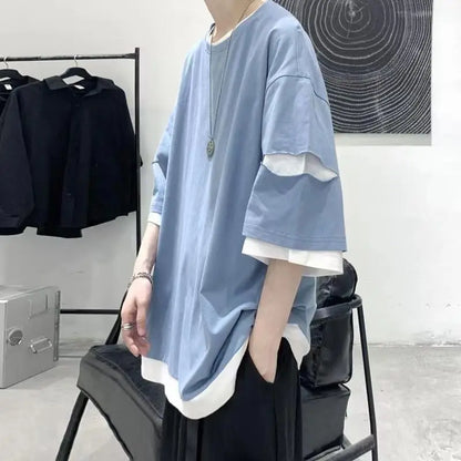 saferido Street Casual Fashion Loose Pullovers Patchwork T-Shirts Short Sleeve Man Spring Summer Thin Hooded Round Neck Men's Clothing