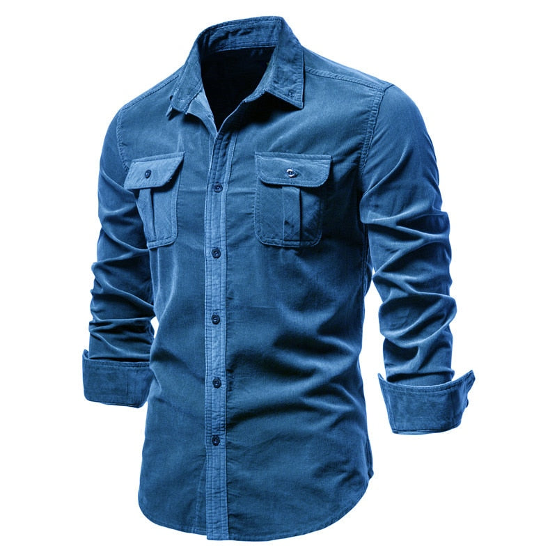New Men's Shirt Fashion Corduroy Shirts Men Business Casual Single Breasted Cotton Men Shirts Solid Color Slim Fit Full Top