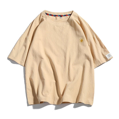 Summer New Men's Short-Sleeved T-shirt Cotton and Linen Casual Men's T Shirts Male Breathable Loose Hip Hop Embroidery Top Tees