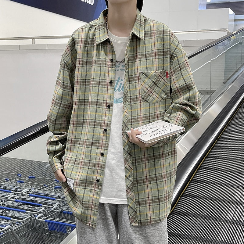 Spring New Oversize Retro Plaid Blouses Male High Quality Long Sleeve Cotton Plaid Shirts Hip Hop Flannel Checked Shirts Men