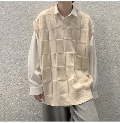 saferido Spring Autumn Fashion Solid Casual Pullover Tess Vest Men Loose Knitted Top Student Preppy Style Sweater Gentle Retro Patchwork