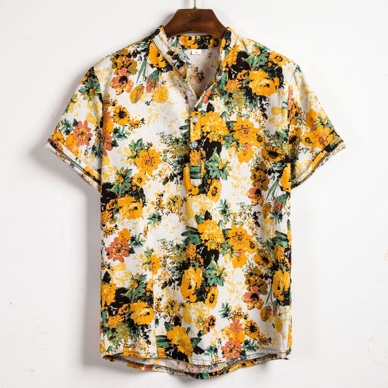 Summer New Short Sleeve Floral Hawaiian Shirt Men Half Placket Collar Beach Shirt Men Casual Holiday Vacation Clothing 3XL