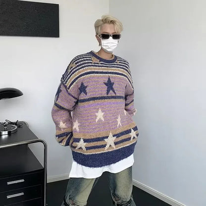 saferido Y2K Star Sweater Men Harajuku Striped Knitted Pullovers Jumpers Male Tops Oversize Purple Winter Streetwear Hip Hop
