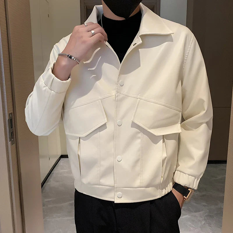 saferido Black White PU Jackets Men Spring Autumn Leather Jacket Coat Male Fashion Casual Motor Biker PU Leather Coat Big Size 3XL-M