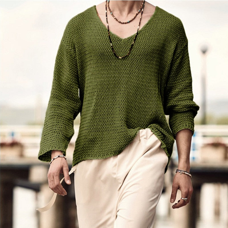 Autumn Men Long Sleeve T Shirt Vintage Solid Knitting Tops Mens Casual Loose V Neck Tee Fashion Male Knitted Clothing Streetwear