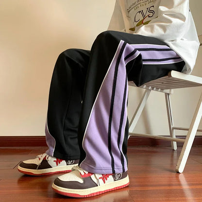 saferido Japanese Retro Casual Pants Men's Fitting Straight Leg Pants College Style Wide Striped Patchwork Drawstring Sweatpants Autumn