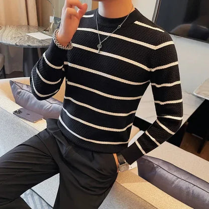 saferido Men High Quality Winter Basic Round Neck Sweaters Casual Soft Warm Long Sleeve Sweater Korean Knitted Stripe Pullover 4XL-M