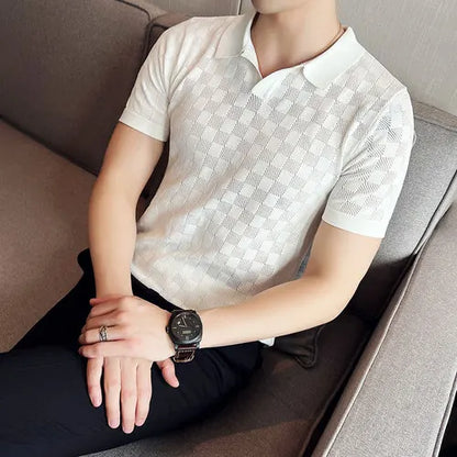saferido British Style Men's Summer Casual Short Sleeves Polo Shirts/Male Slim Fit High Quality Plaid Business Knitting POLO Shirts S-4XL