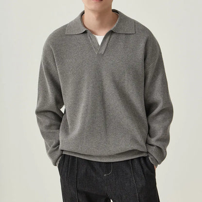 Designed Winter Small V-neck Pullover Knitted Sweater Men Retro Polo Collar Loose High-end Simple Solid Color Vintage Sweater