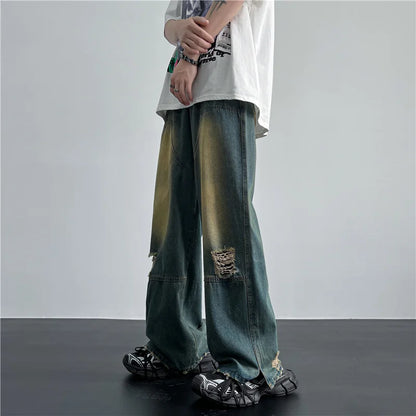 saferido Men's Hip Hop Ripped Hole Jeans Korean Handsome Casual Pants High Street Straight Loose Wide Leg Jeans Vintage Blue Baggy Jeans