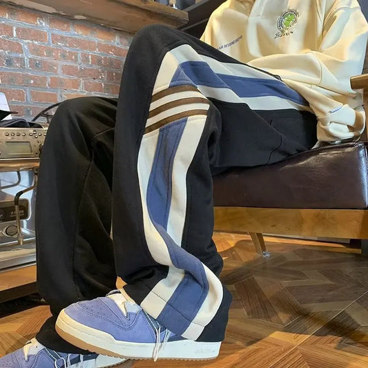 saferido  Spring American Fashion Color Contrast Striped Casual Pants Men's Loose Straight Sports Pants Trendy Wide-leg Pants M-3XL